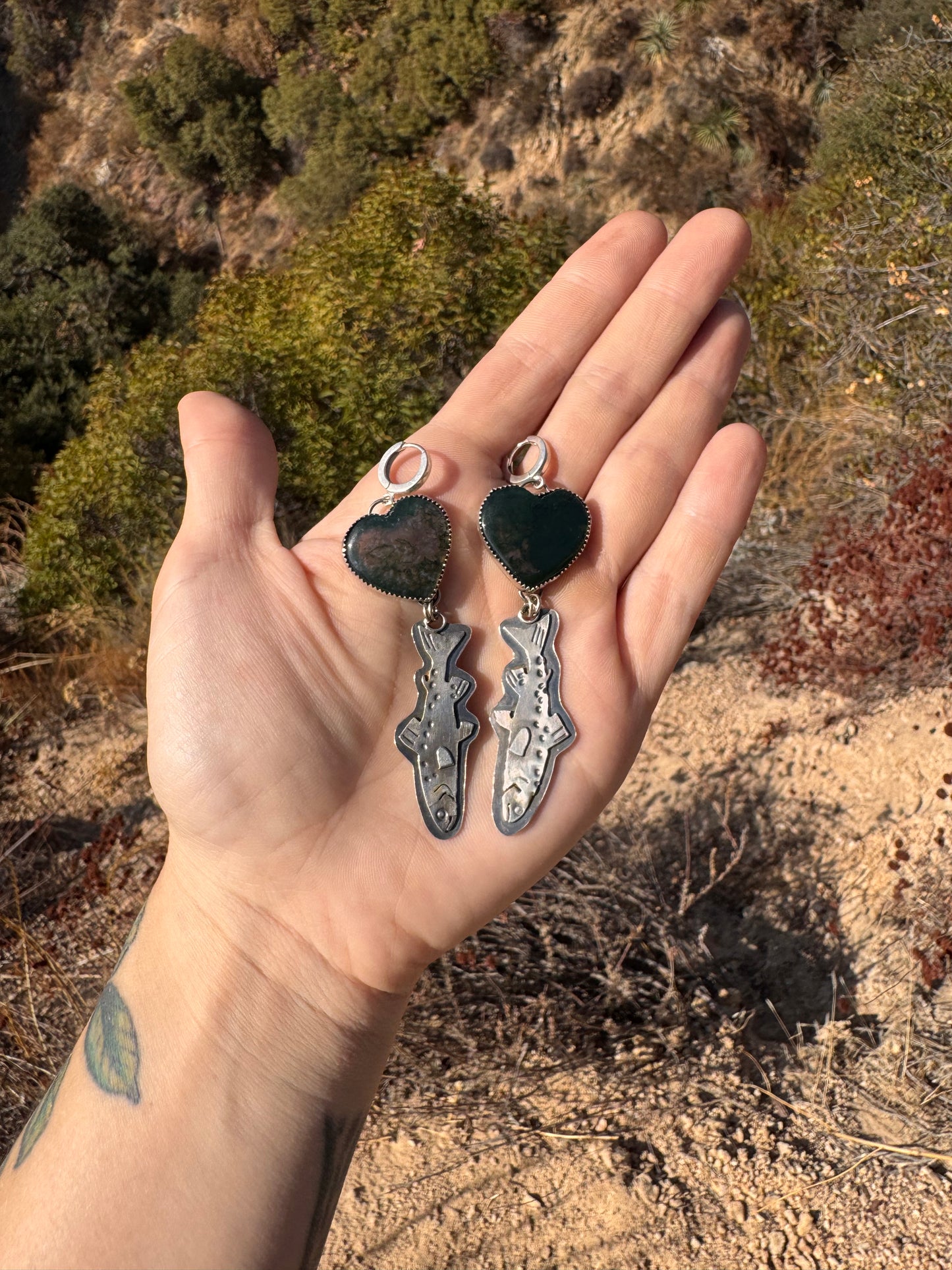 .Heart Moss Agate Trout Earrings