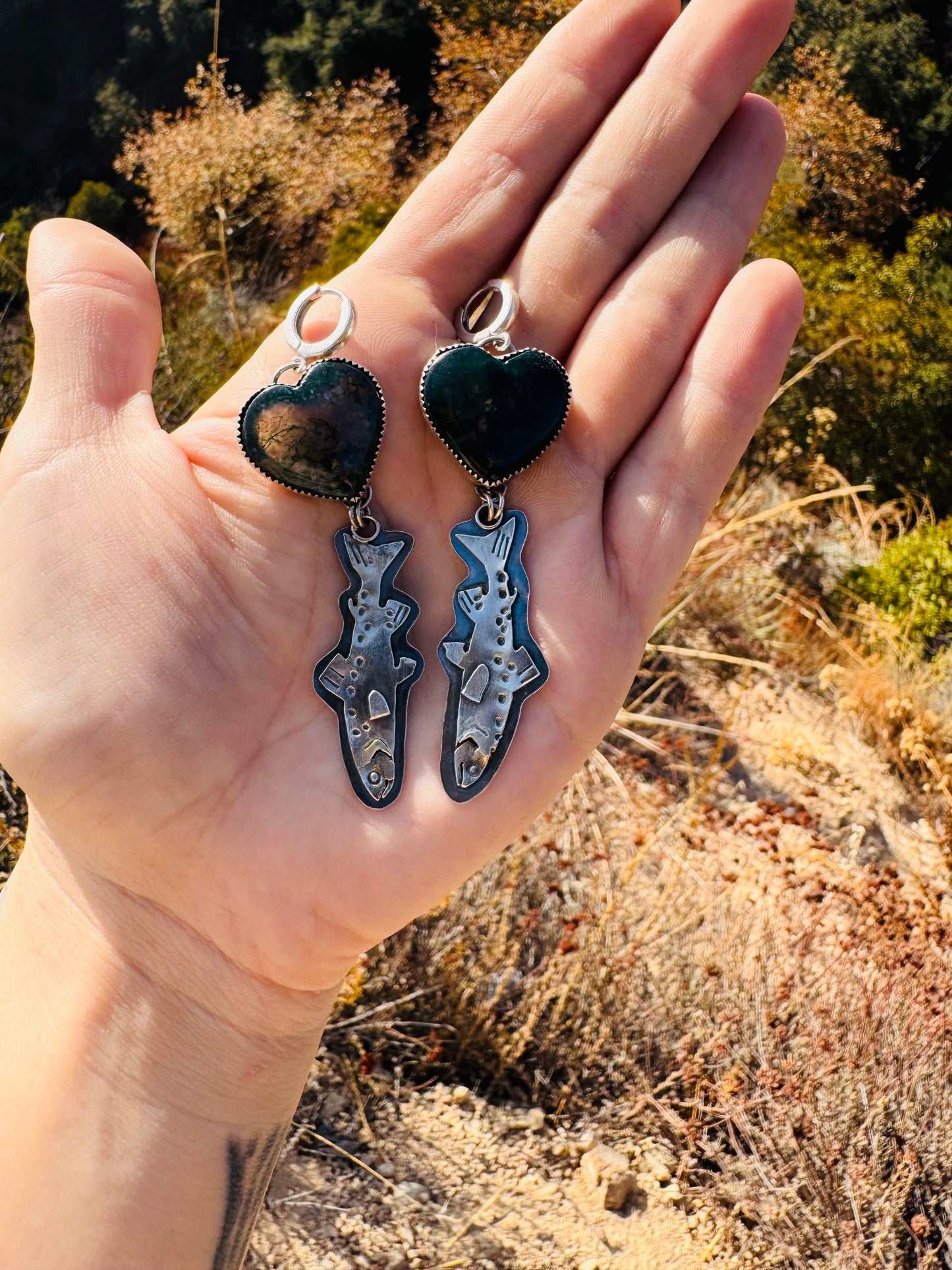 .Heart Moss Agate Trout Earrings