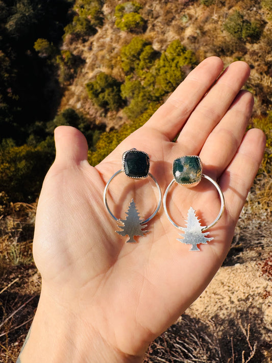 .Moss Agate Tree Hoop Earrings